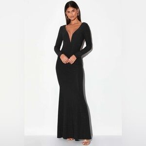 LULU’S GLAMOROUS IN GLITTER LONG SLEEVE BACKLESS MAXI DRESS